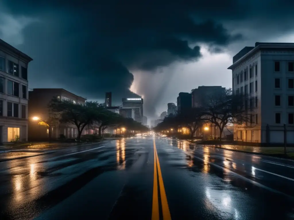 A cinematic image of a city in chaos during a hurricane