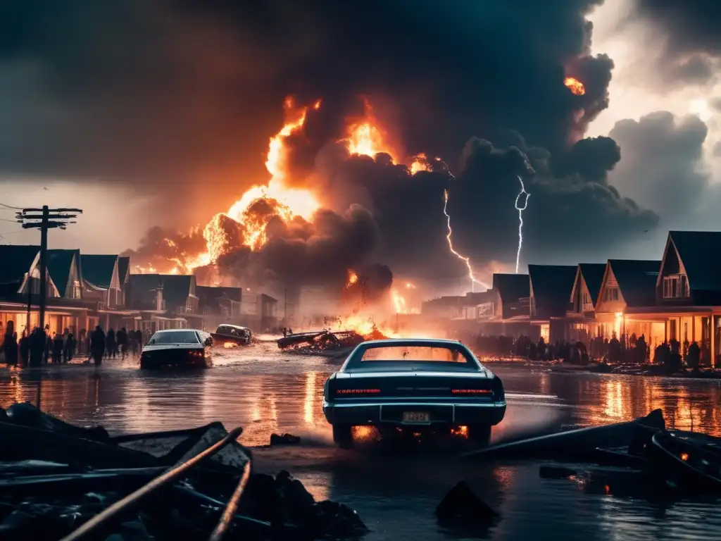 A gripping cinematic image of a city skyline in disaster, with fiery buildings collapsing into the water, and people fleeing the chaos