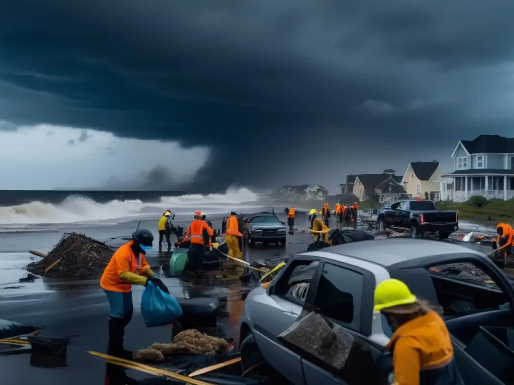 An image of a devastated coastal town after a hurricane, with destruction surrounding every corner