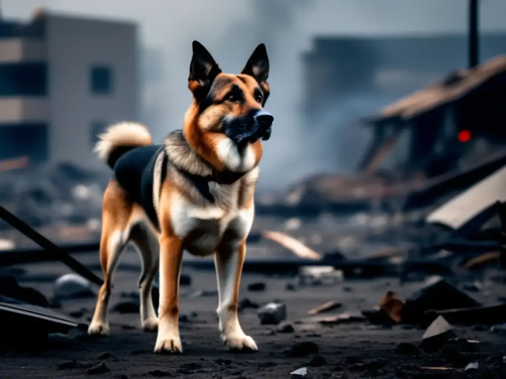 A brave and loyal dog stands calm amidst the chaos of a disaster-stricken area, waiting for instructions from its owner