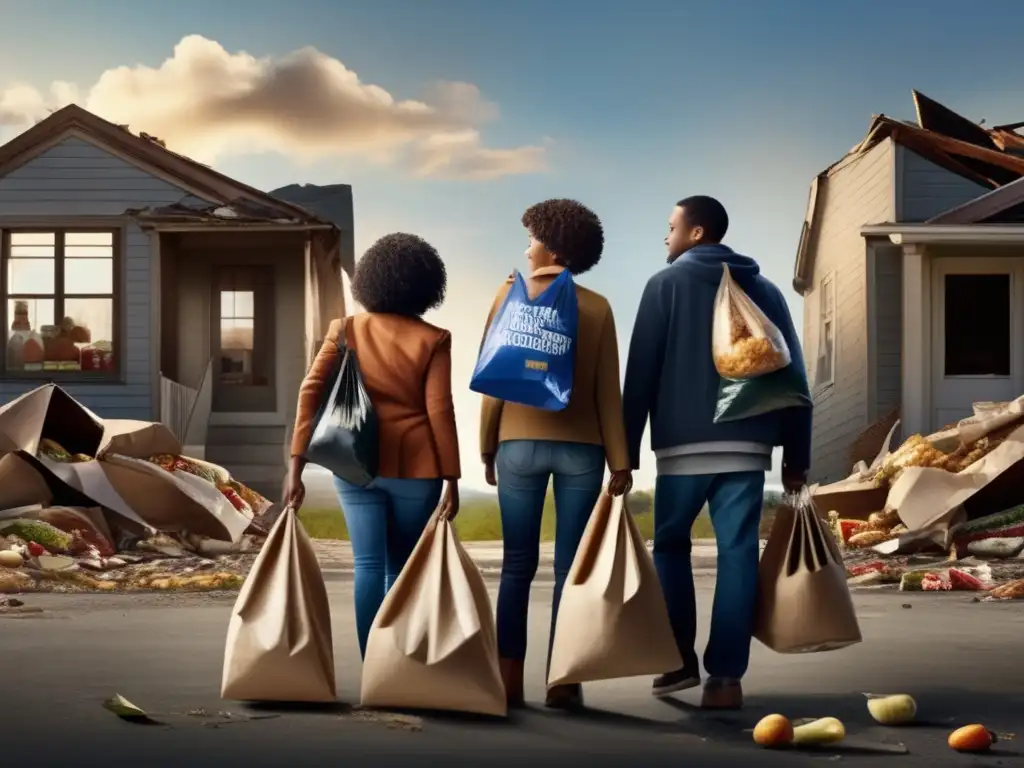 Family in peril, clutching disaster food aid amidst destruction, as rolling hills and sky beckon hope