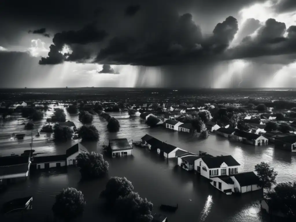 Amidst the chaos of a massive flood, this black and white photo captures the devastation in a striking way