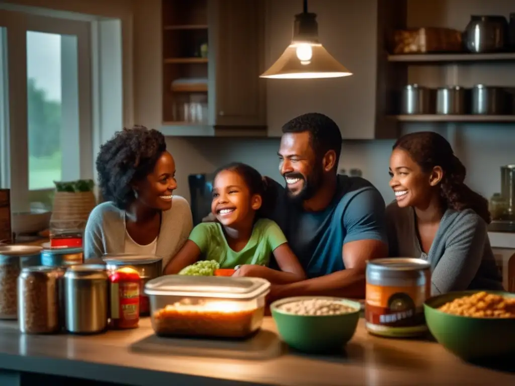 A family huddled together in their home, surrounded by disasterproof supplies, smiles warmly despite the thunderstorm outside through the window