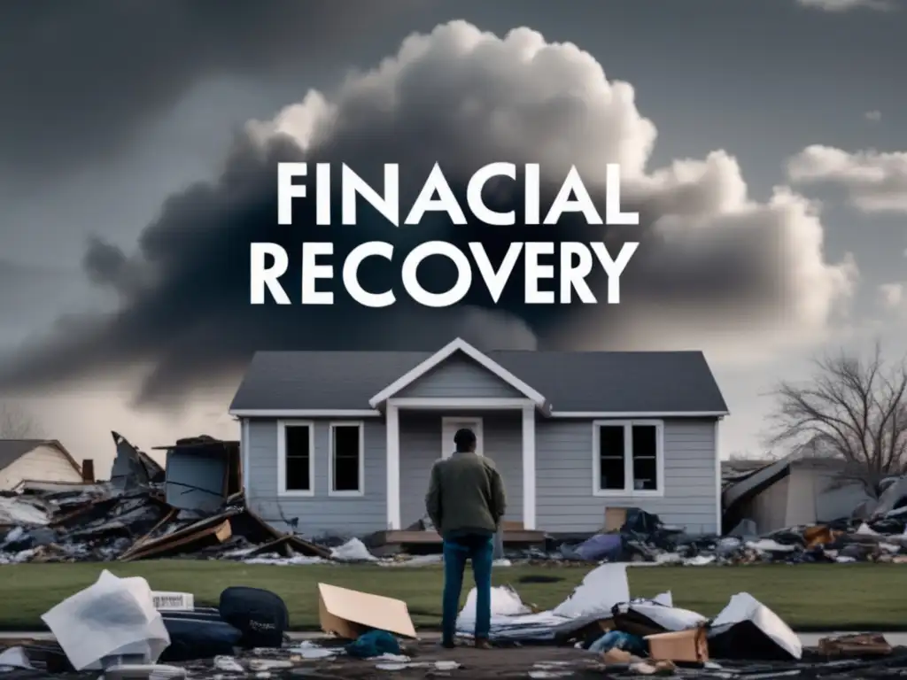 A person gazes thoughtfully at a destroyed home's photo, surrounded by scattered belongings, under a large gray cloud, as the words 'Financial Recovery' in cursive boldness loom in the center, capturing the emotional impact of the disaster