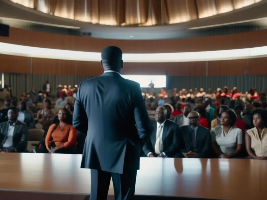 A group of determined individuals gather in a large auditorium, seeking answers from their local government official