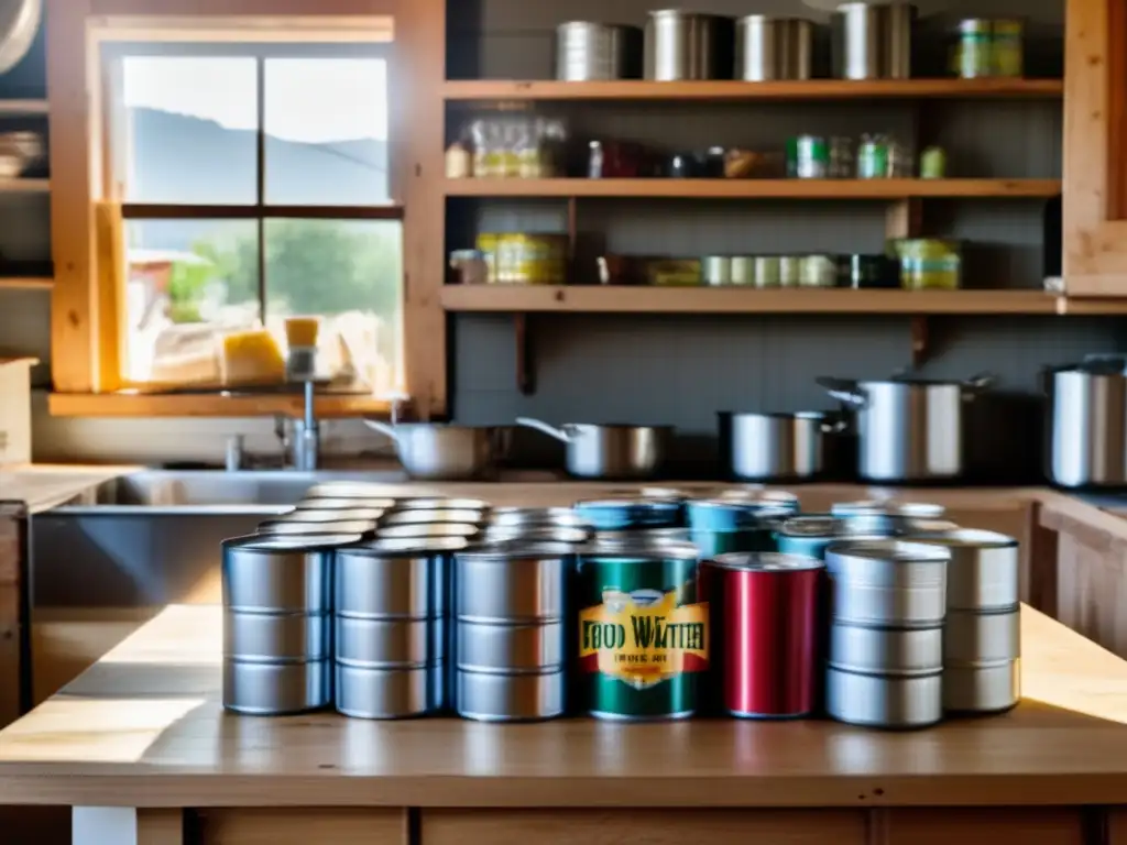 The Food and Water logo stands tall amidst a makeshift kitchen, surrounded by piles of canned goods and bottled water