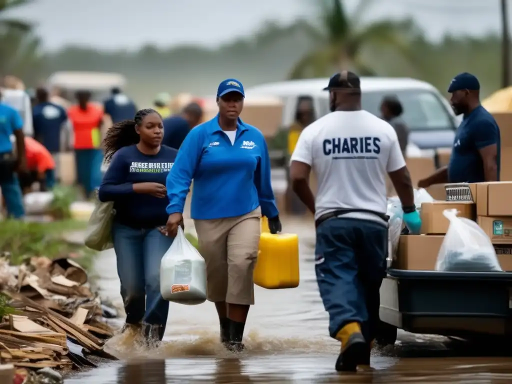 Volunteers and disaster relief workers in action, donating their time and resources during hurricane recovery efforts