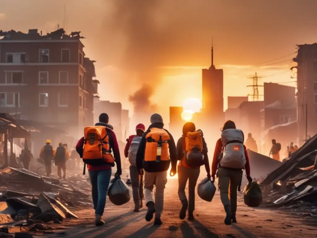 A cinematic image of a group of volunteers carrying backpacks and rescue equipment through a disaster-stricken city, with the sun setting in the background and casting a warm glow on the scene