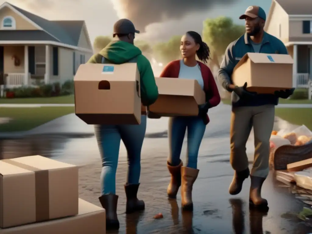 A group of compassionate volunteers in boots and gloves delivering essential supplies to hurricane victims in a devastated community