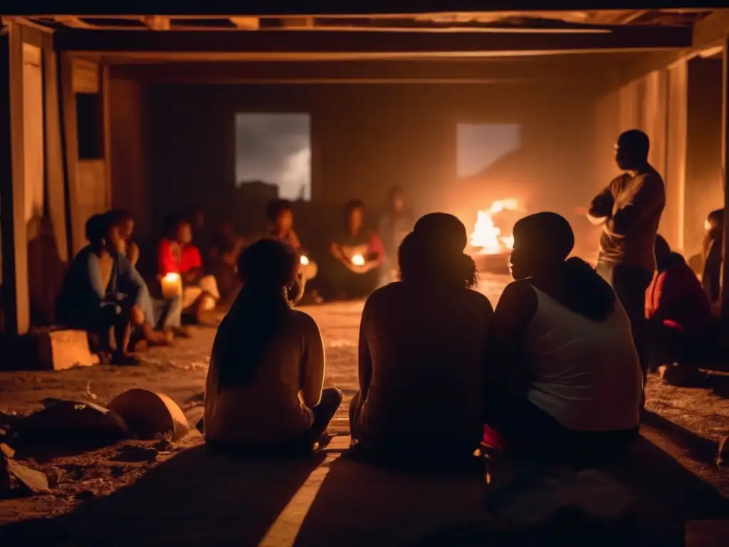 A poignant, cinematic photo of a community coming together to support one another after a devastating hurricane