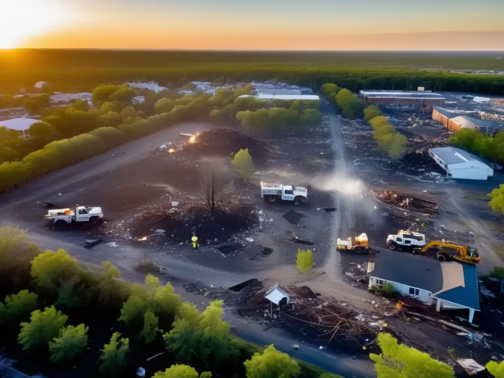 Amidst the aftermath of a devastating hurricane, this aerial shot captures the destruction of buildings and trees, while debris scatters everywhere