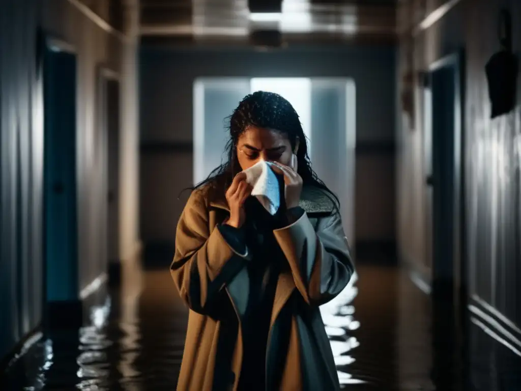 A heartrending scene of devastation, capturing the essence of loss and grief, as a woman stands alone in a flooded hallway, her belongings scattered around her, wiping away tears from her face