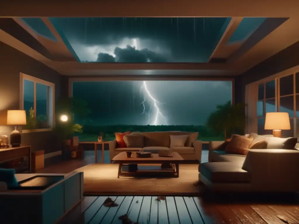 A haunting 8k image of a hurricane-struck home, with people huddled in their living room staring at a batterypowered TV for updates