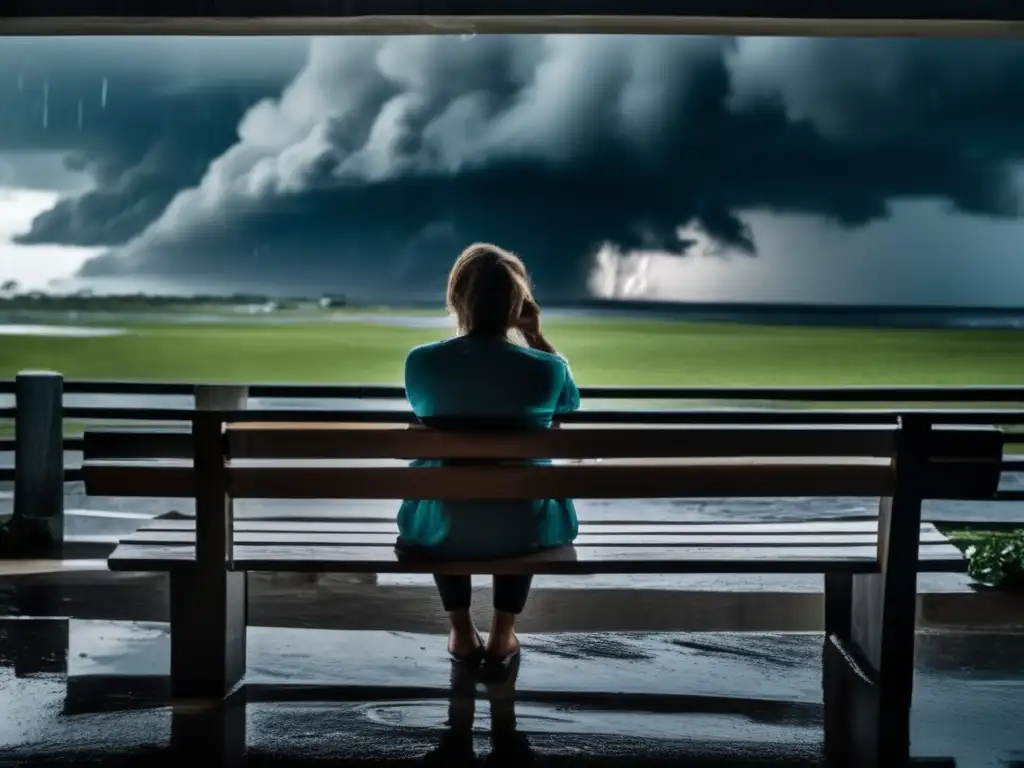 A woman in distress sits on a bench amidst the destruction of a hurricane, tears streaming down her face and her hands tightly holding together