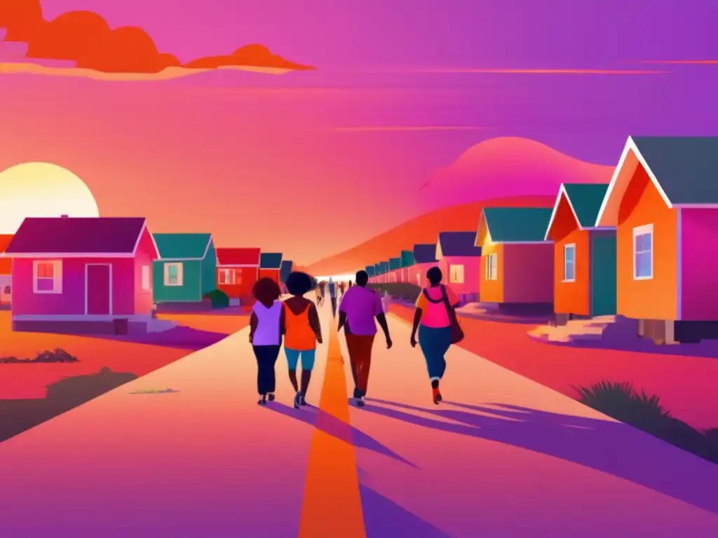 A diverse group of individuals, united by resilience, walk towards temporary housing on a colorful and inventive road after natural disasters