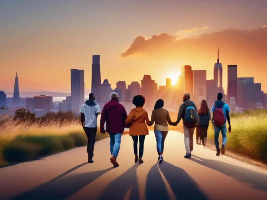 Diverse group walking together, hand in hand, towards recovery under a sunrise over a city skyline