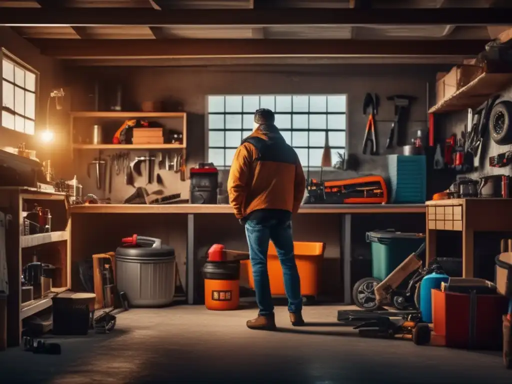 Amidst the chaos of a hurricane, a determined DIYer meticulously mends broken furniture with a plethora of repair tools and supplies