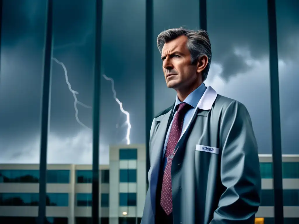 In the face of the storm, a determined doctor stands outside the mirrored glass hospital facade, their eyes reflecting the surreal sense of chaos and solidarity within, while the surrounding dark clouds and lightning loom ominously