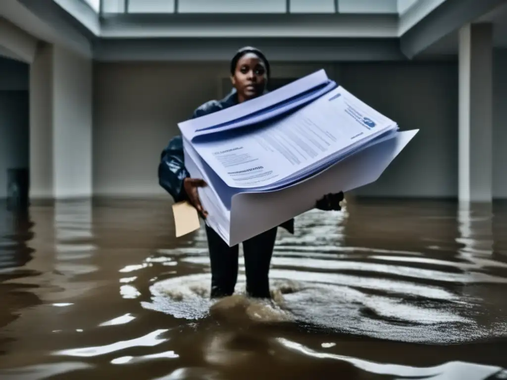 A person in a flooded room, clutching important documents and a waterproof container amidst the chaos of a hurricane