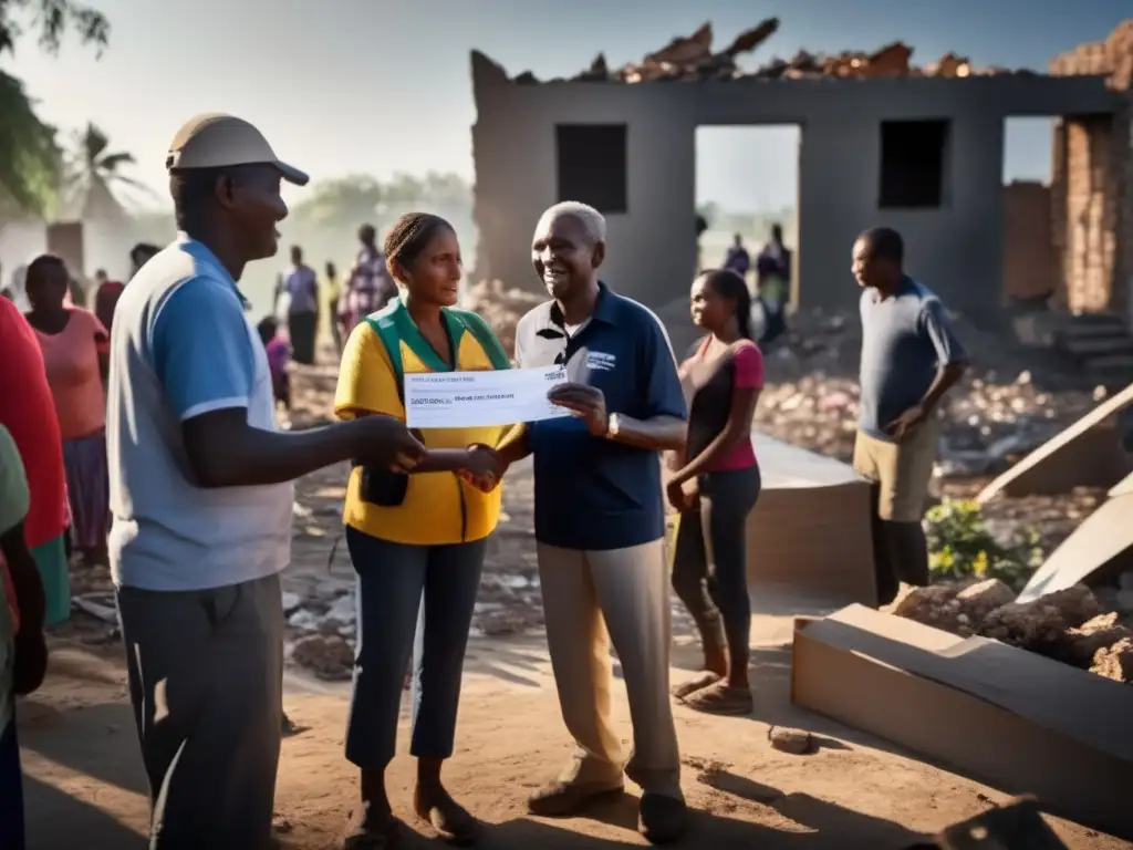 A heartwarming scene of hope amid devastation: a donor handing over a check to relief workers, standing with a group of affected people