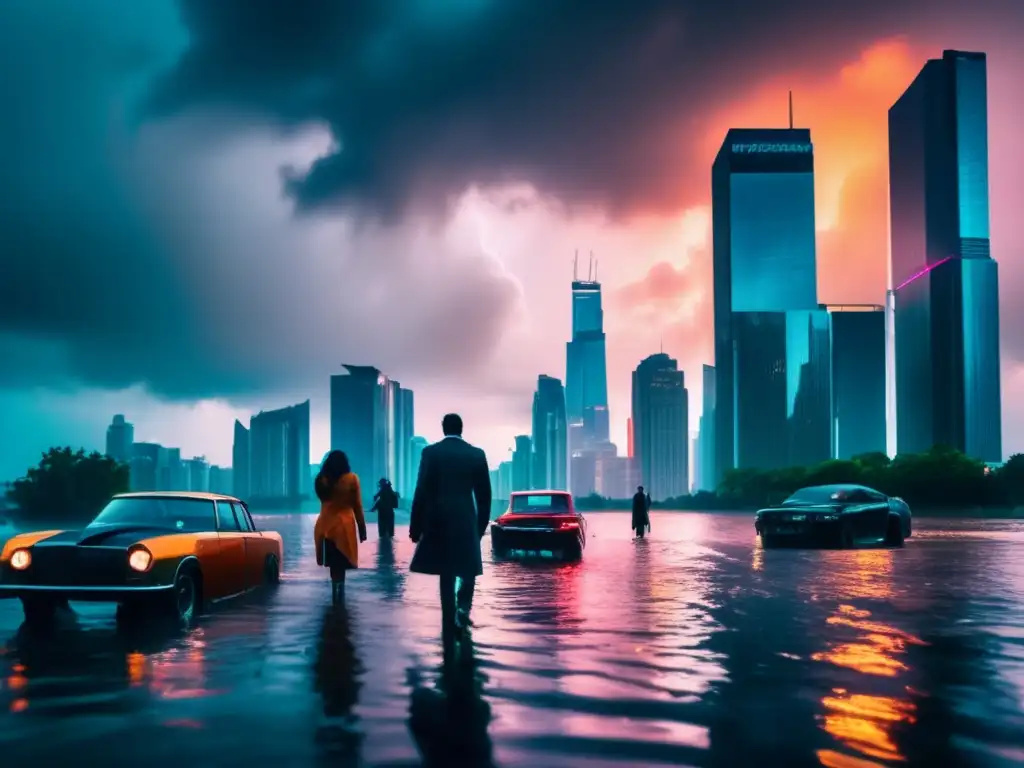 In the midst of chaos, a flooded cityscape stands tall, with skyscrapers and cars submerged in water