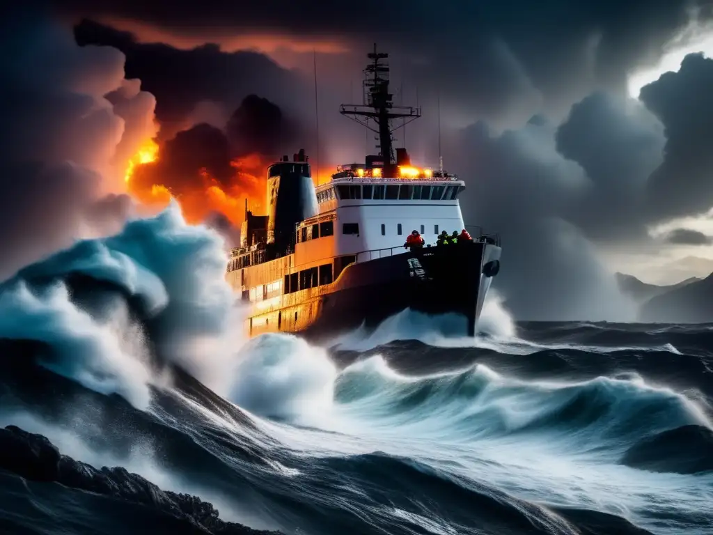 Amidst the chaos and menacing storm, brave fire rescue personnel rush towards a shipwrecked vessel, determined to reach the distressed passengers