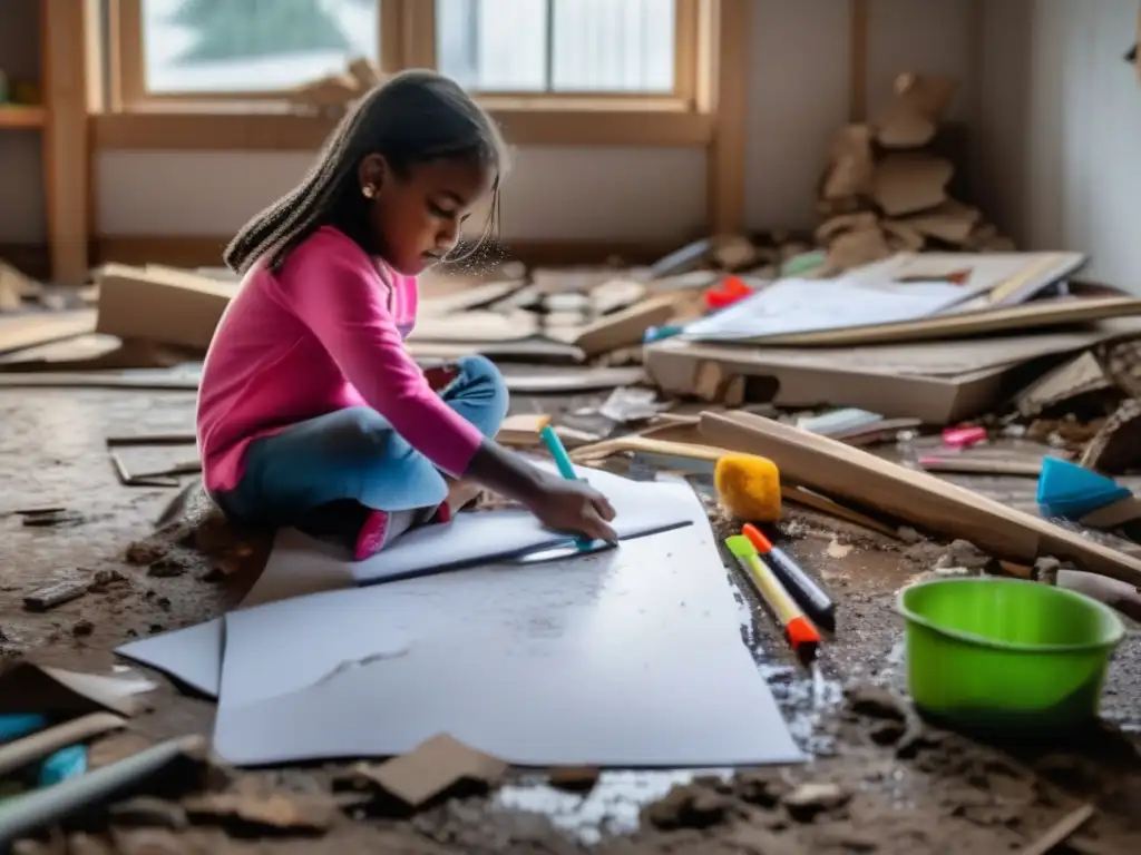 A young girl sits on the floor, drawing amidst destruction after a hurricane