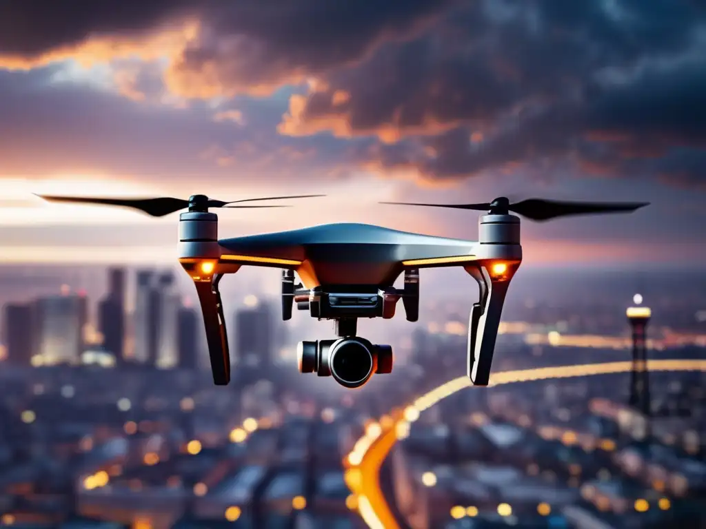 A stunning drone soars through the twilight's shadowy skies, tracing a glowing path over an urban sprawl bathed in golden light