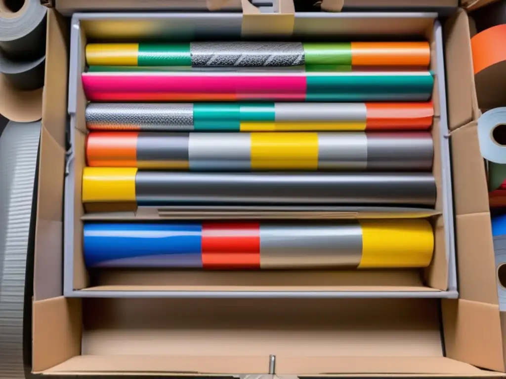 Duct tape rolls are neatly arranged in a colorful array of neighborhood markings stickers in a workshop or garage setting