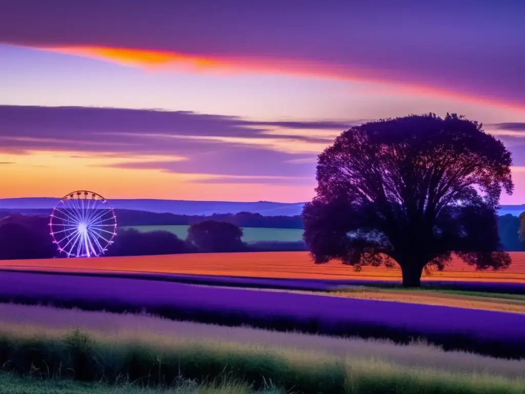 A panoramic view of a serene field, with the distant tree line and Ferris wheel in stark contrast, under a sky of vibrant sunset hues