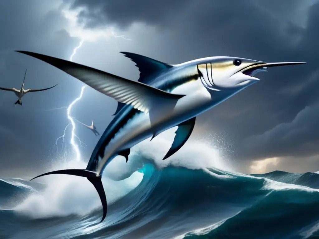 Majestic swordfish and eagle, clashing in the stormy sea, symbolizing power and strength