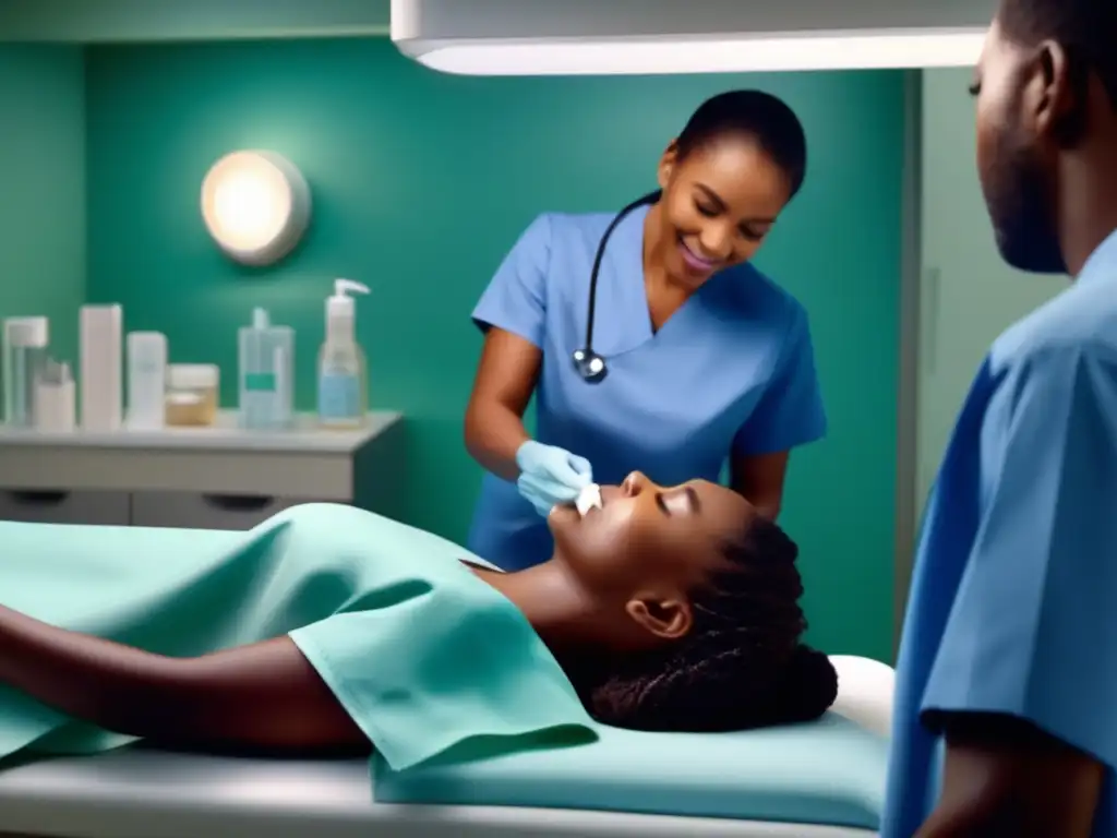 A healthcare professional expertly performs an ear cleaning on a patient in a bright, clinical exam room