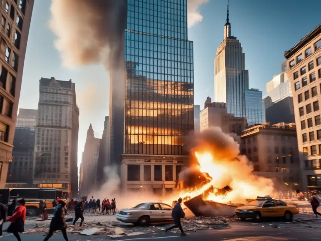 The crumbling skyscraper in downtown New York City amidst a chaotic earthquake scene with people running and debris falling around them