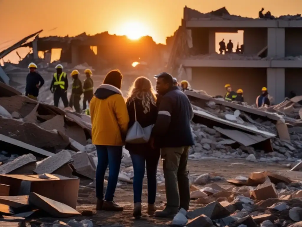 The group of people in the collapsed building are huddled together in fear and despair as earthquake destruction looms in the background