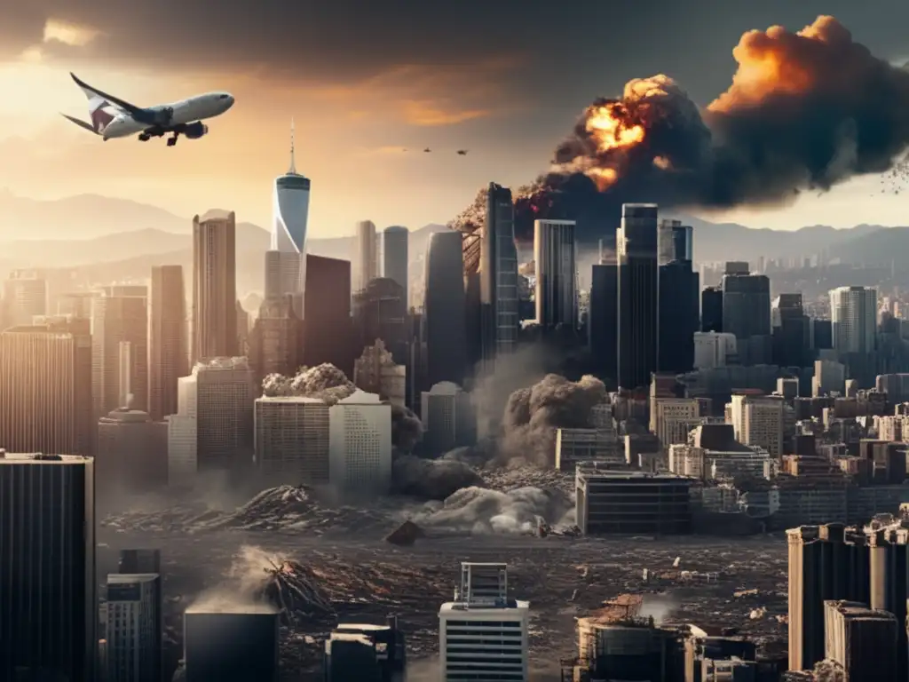 In a flawless cinematic style, the image depicts the devastation of a city struck by a massive earthquake