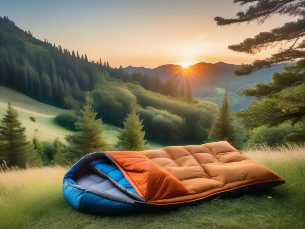 A cinematic style sleeping bag in a serene forest with lush green trees and a blue sky visible through the gaps between the leaves