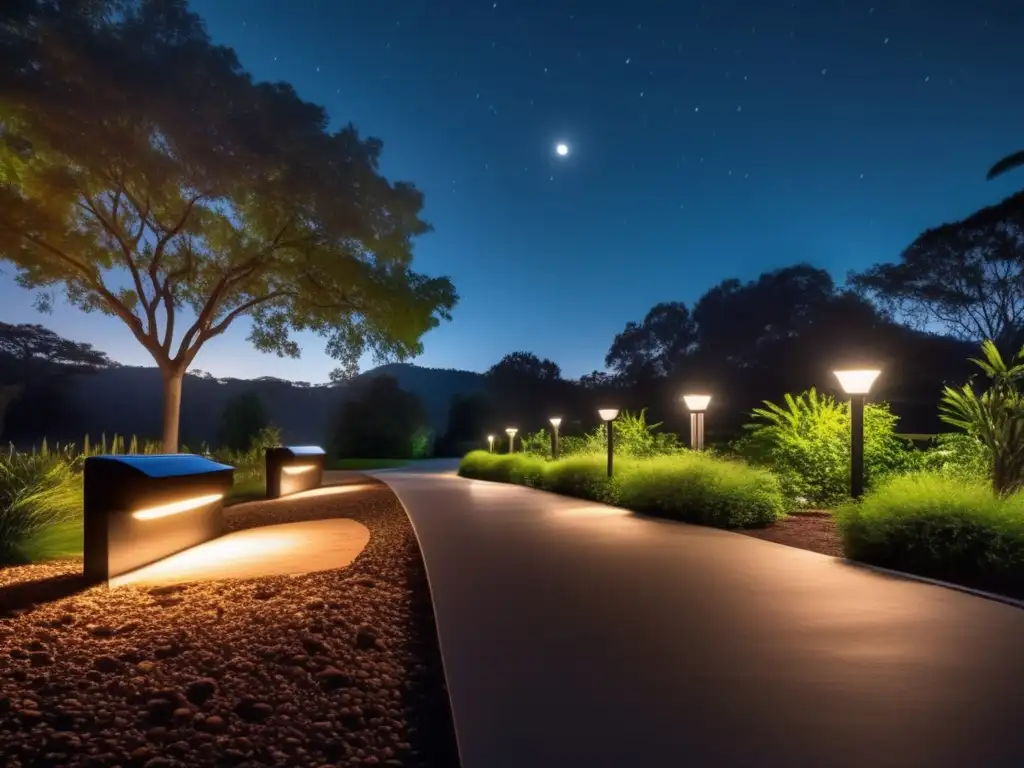 A canvas of darkness only disrupted by a dance of motion sensor lights in the sky, casting a tranquil glow over the parking lot and pathways