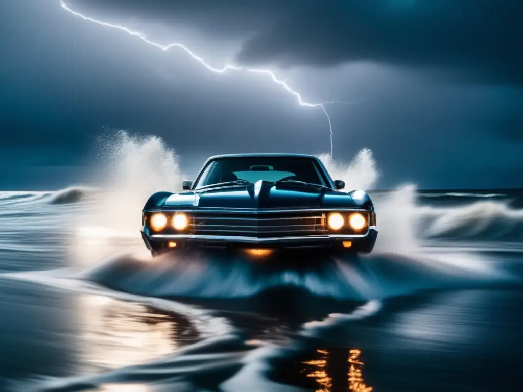 A dramatic landscape shot of a car driving through water against an eerie and foreboding backdrop