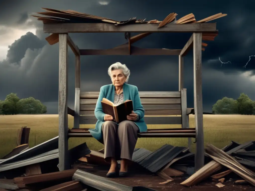 An elderly woman sits alone on a ruined porch swing, clutching a worn photo album in front of a ruined house surrounded by trees and a stormy sky