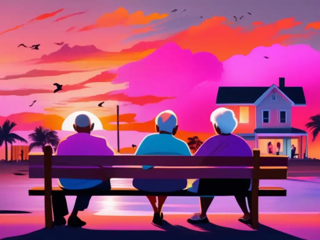 Group of elderly individuals finding solace in each other on a bench, as the sun sets on a community devastated by hurricane