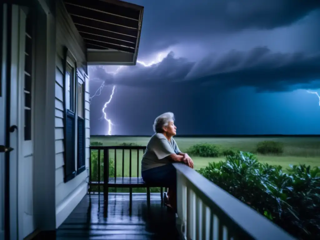 An elderly person sits alone on their porch during a hurricane