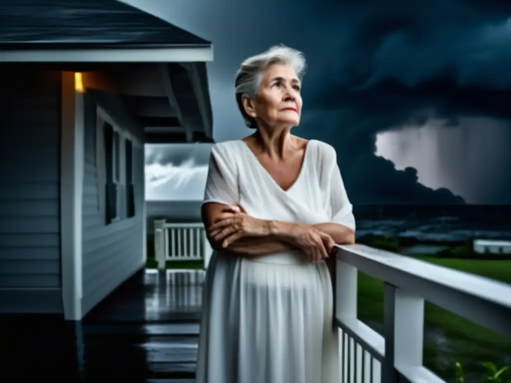 An elderly woman stands resolute on her porch during a hurricane, her long white dress billowing in the wind