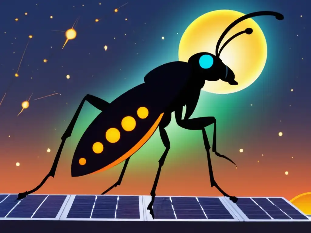 A glowing rogue insect stands tall on a crackling solar panel, while perky electricity dances around its body