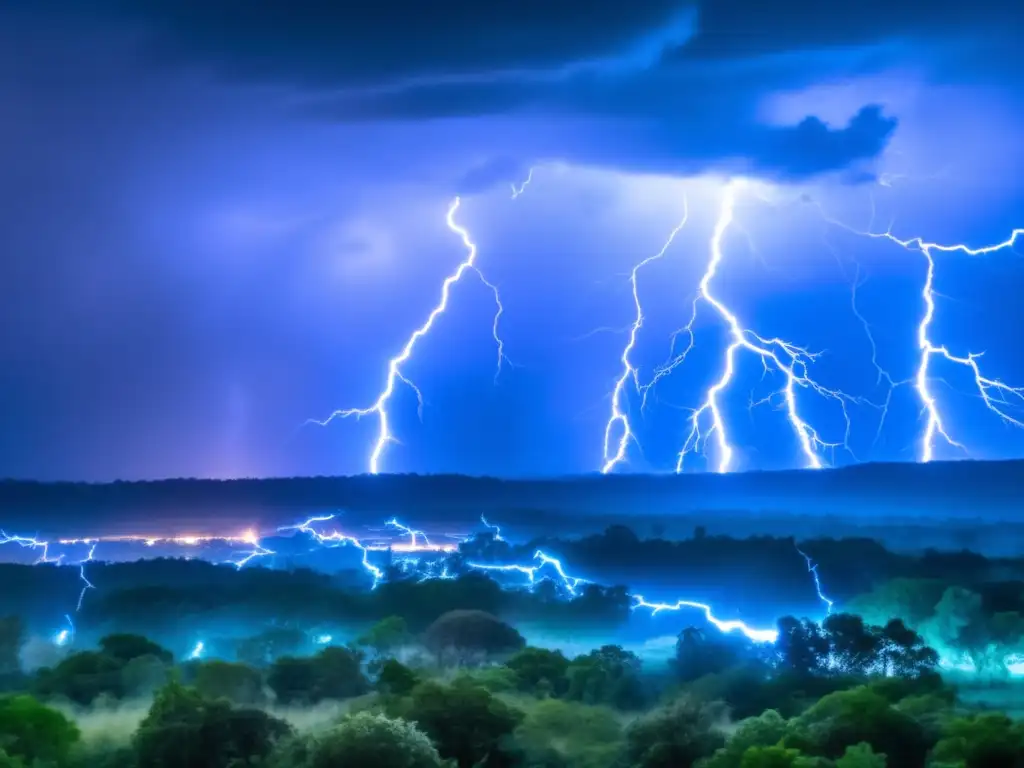 Lightning strikes the earth in a chaotic dance, trees collide violently as shadows lengthen-