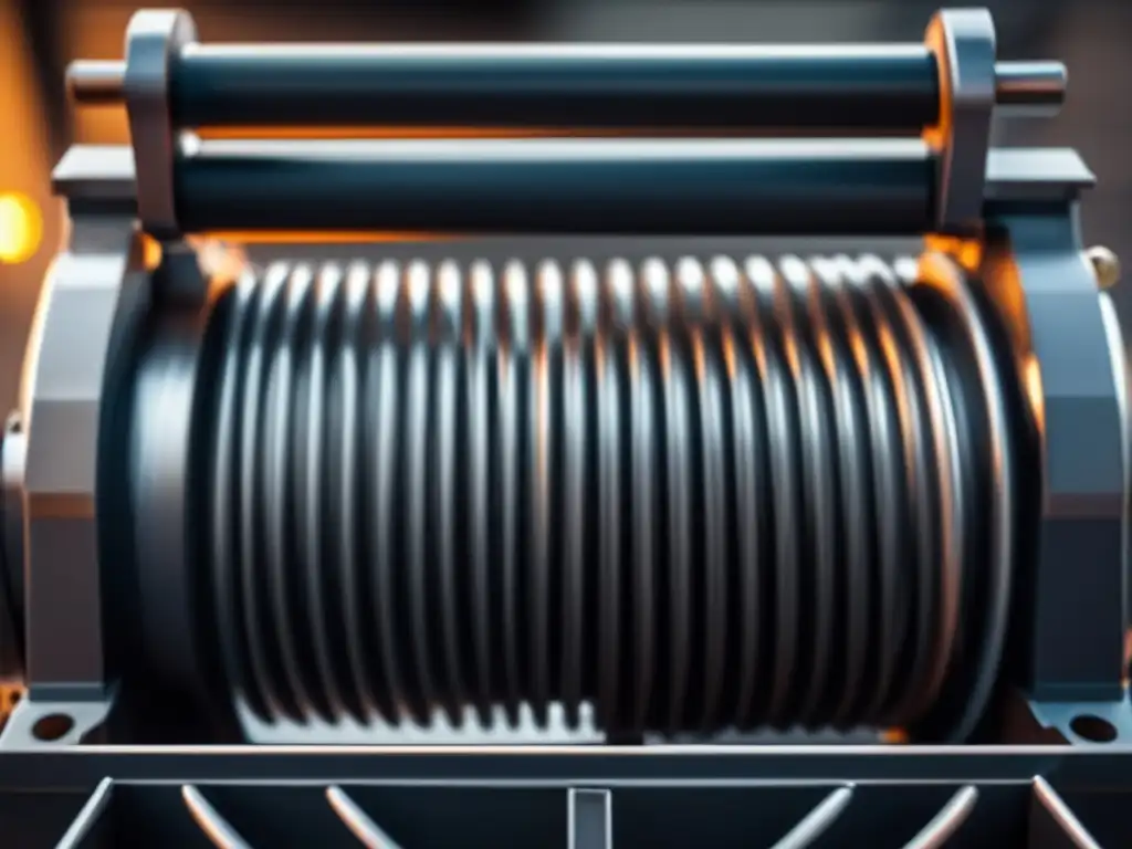 A powerful closeup of an electric winch winding up a massive load, with sharp focus on cables, gears, and motor