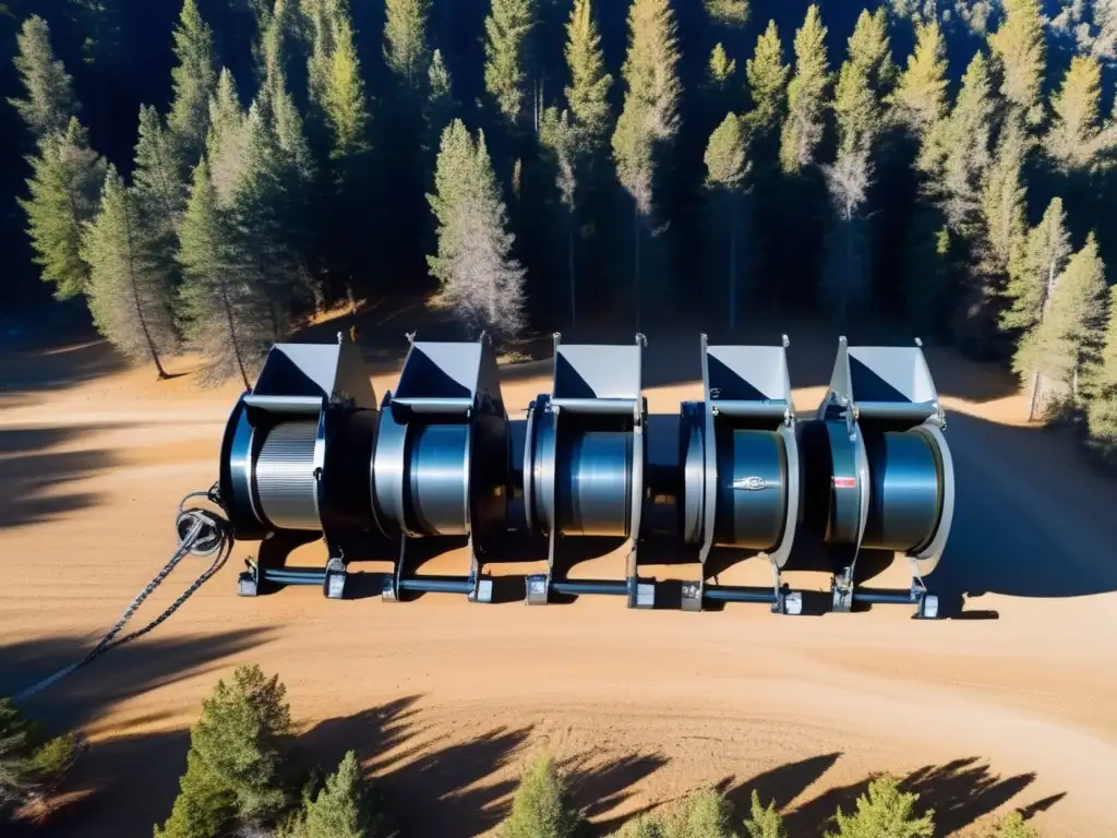 A breathtaking aerial shot of nine sleek electrical winches, surrounded by the majestic mountains and looking up at the clear blue skies