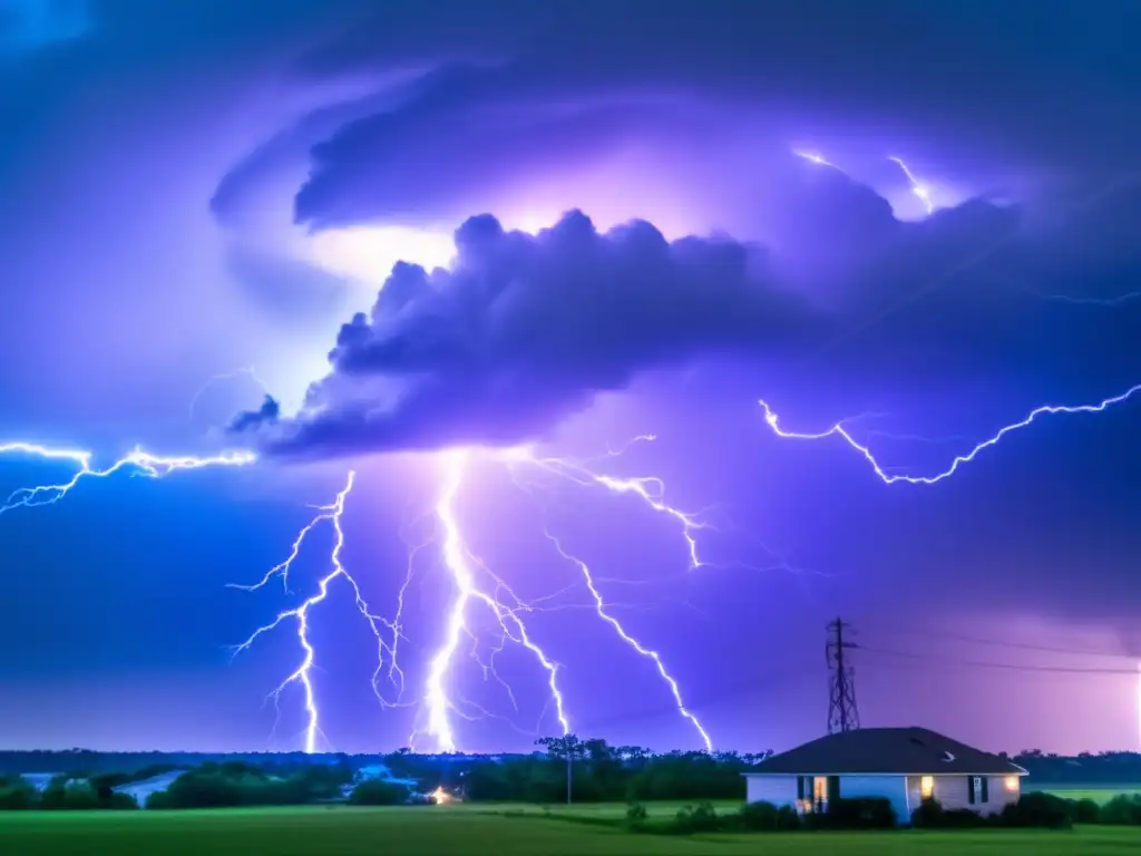 Lightning strikes as a towering electric line falls during a hurricane, creating a dramatic scene of destruction and urgency