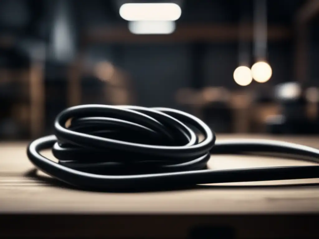 A gritty black-and-white image of a heavy-duty extension cord snaking through a dark workshop, lit by a soft fluorescent bulb hanging overhead