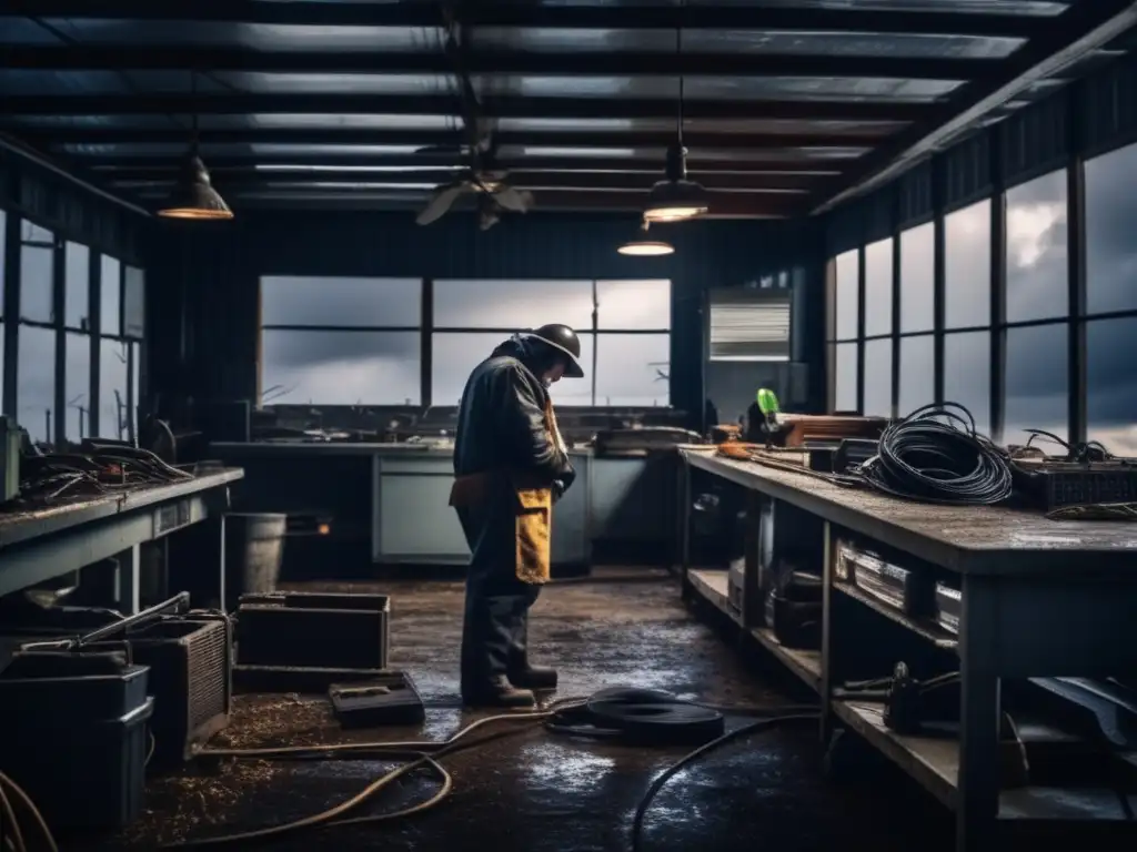 In the midst of a dark and stormy night, a lone electrician hunches over a damaged panel at a rundown, rustylooking repair shop