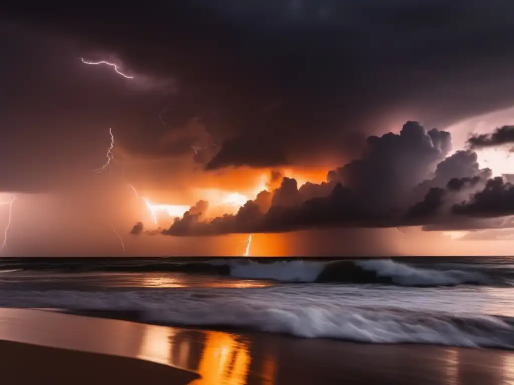 The black and orange hued sky with lightning illuminating the swirling clouds casts a haunting glow upon the beach with calm waves crashing on the shore and palm trees swaying in the wind